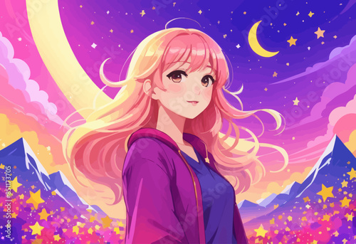 Vibrant Anime Character Amidst a Stunning Night Sky with Colorful Stars and a Crescent Moon