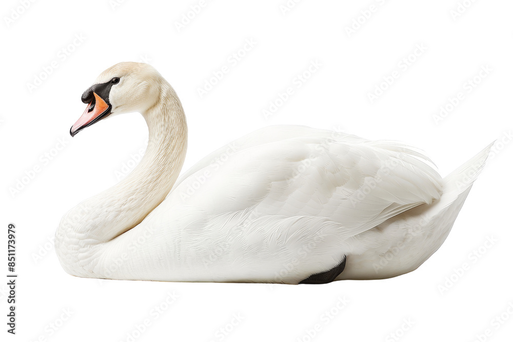 Elegant white swan with black beak gracefully floating on water. Elegant white swan with black beak gracefully floating on water.