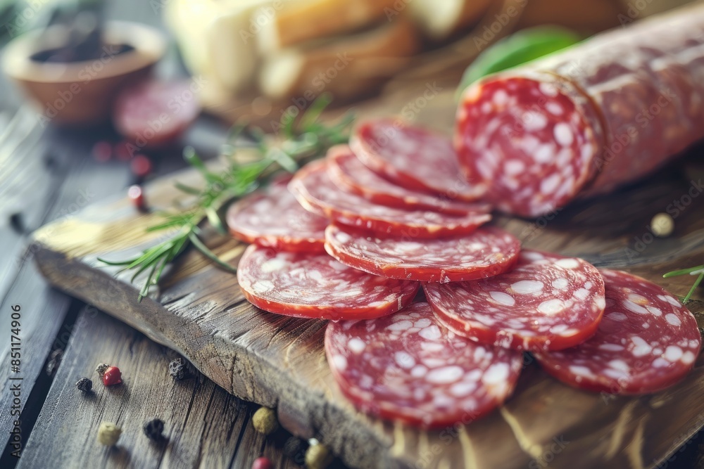 Delicious italian salami on the table, selective focus and toned image - generative ai Delicious italian salami on the table, selective focus and toned image - generative ai