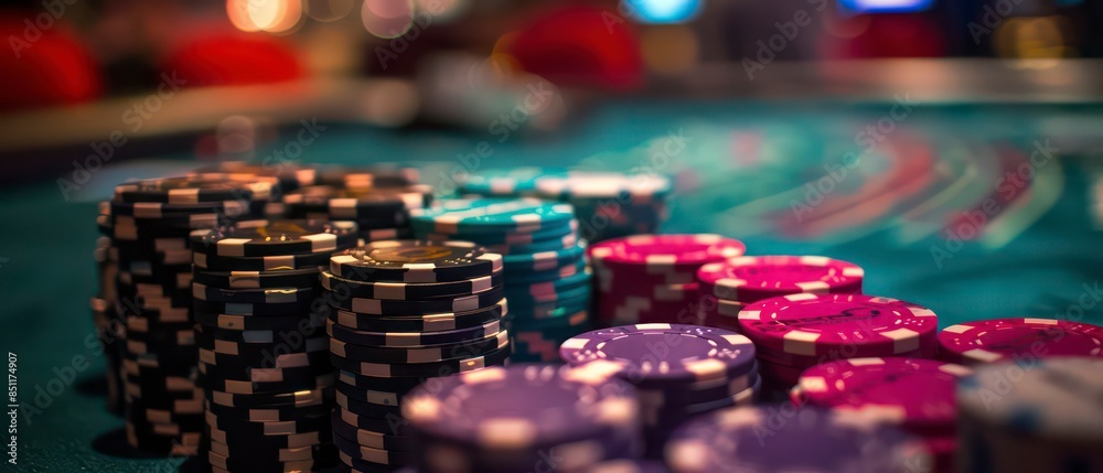 Red and white cards, green felt table, and chips, capturing the essence of a lively casino atmosphere and the allure of gambling games Red and white cards, green felt table, and chips, capturing the essence of a lively casino atmosphere and the allure of gambling games