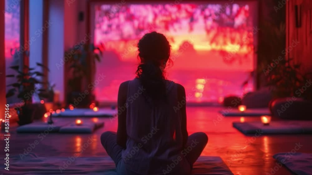 Woman sits in a meditative pose in a dimly lit room, with a holographic projection of a sunset behind her.