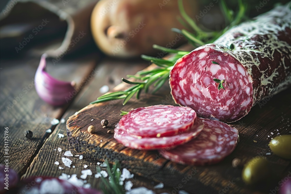 Delicious italian salami on the table, selective focus and toned image - generative ai Delicious italian salami on the table, selective focus and toned image - generative ai