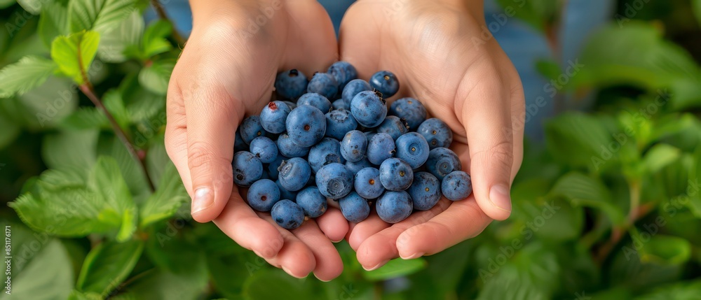 Fresh blueberries in a hand, capturing the essence of natural, organic fruit. Ideal for themes of summer, health, and wholesome eating Fresh blueberries in a hand, capturing the essence of natural, organic fruit. Ideal for themes of summer, health, and wholesome eating
