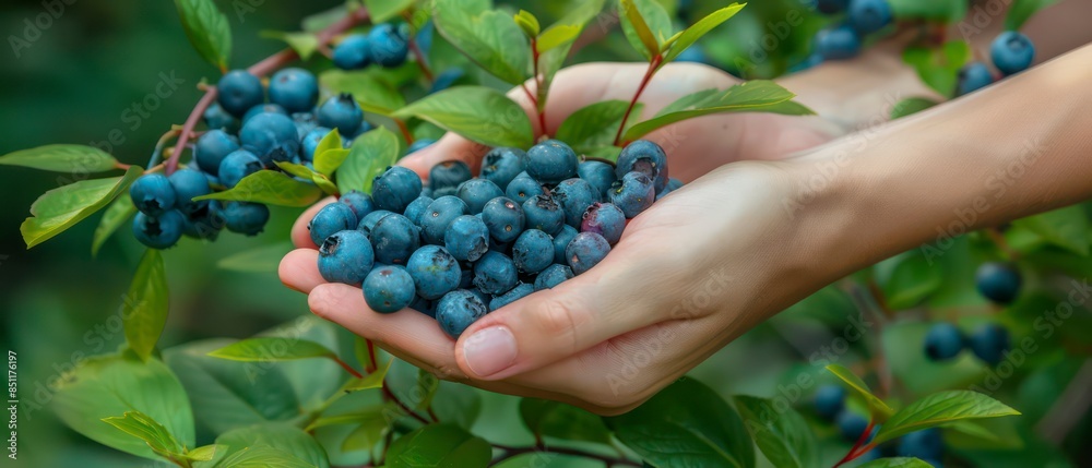 Fresh blueberries in a hand, capturing the essence of natural, organic fruit. Ideal for themes of summer, health, and wholesome eating Fresh blueberries in a hand, capturing the essence of natural, organic fruit. Ideal for themes of summer, health, and wholesome eating