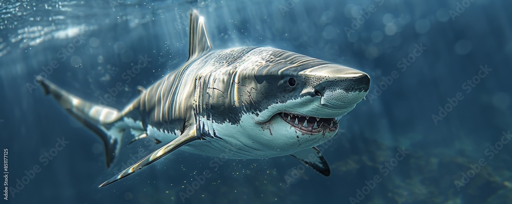 Fototapeta premium A great white shark swims through the blue ocean water.