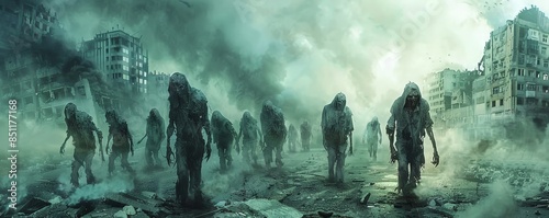 A group of zombies walk through a post-apocalyptic landscape. photo