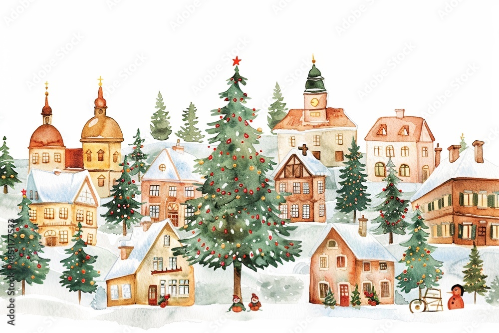 Fototapeta premium Charming Christmas village in winter with decorated tree and snow-covered rooftops, capturing the festive spirit of the holiday season.