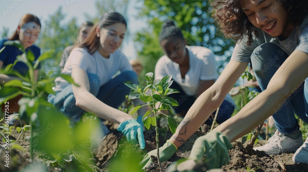 Fototapeta premium Volunteers of various backgrounds planting trees in a community garden, working together with smiles and a sense of purpose.