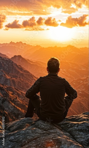 Mountain Range at Sunset with Silhouetted Explorer