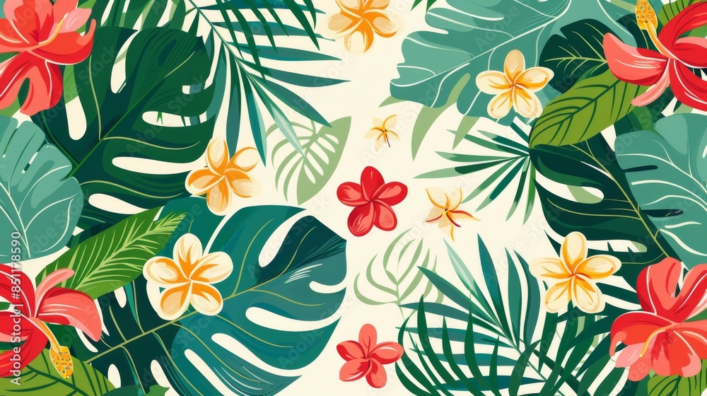 Flat design of tropical leaves and flowers in a seamless pattern, creating a lively and exotic background. Flat design of tropical leaves and flowers in a seamless pattern, creating a lively and exotic background.