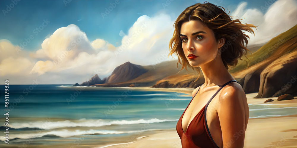 Naklejka premium Woman in red swimsuit on tropical beach