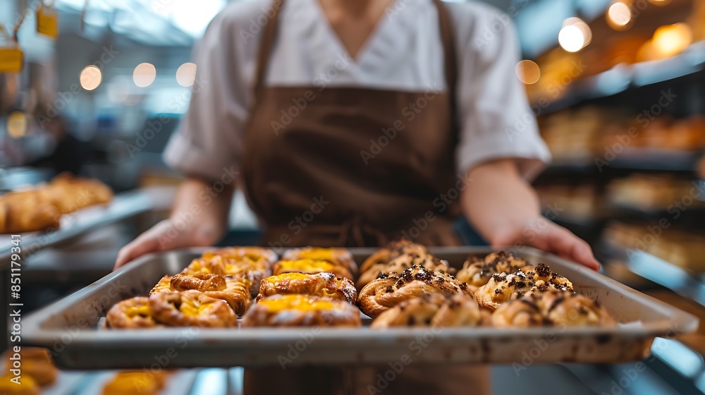 Baker Holding Tray of Freshly Baked Pastries in a Warm Artisan Bakery Baker Holding Tray of Freshly Baked Pastries in a Warm Artisan Bakery
