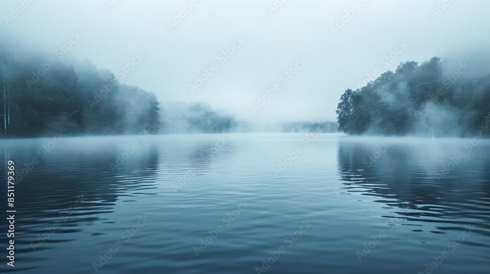 Fototapeta premium Serene lake shrouded in mist, with trees lining the shoreline and reflecting in the calm water.