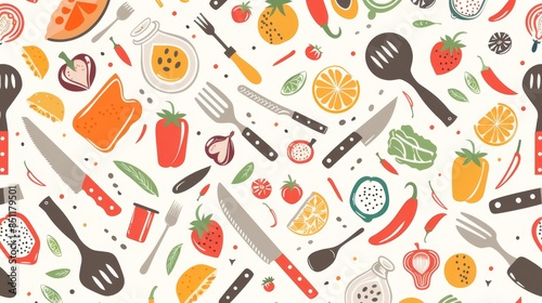 Flat design of kitchen utensils and food items in a seamless pattern, ideal for culinary themes.