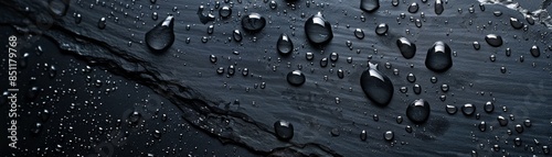 Water droplets on a dark, textured surface. photo