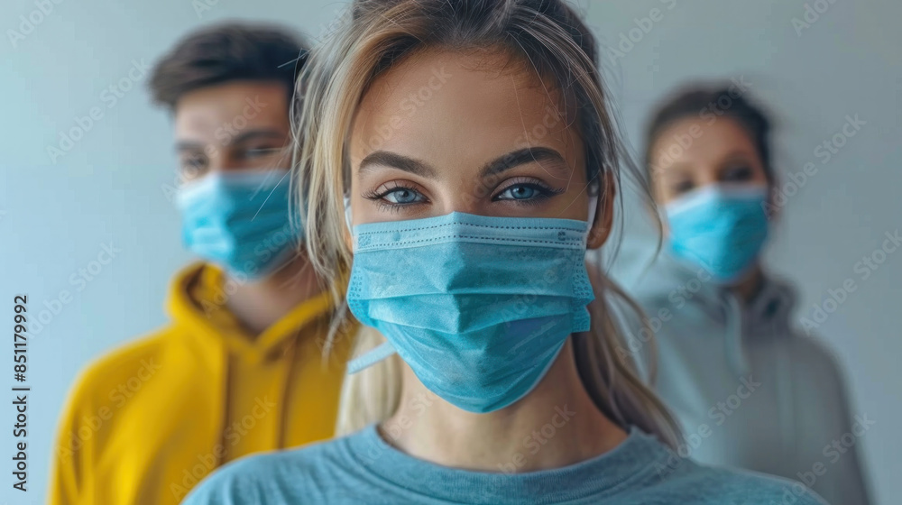 A woman wearing a blue surgical mask stands in front of two other people. The scene is set in a hospital or a medical facility. The woman's facial expression appears to be serious or concerned A woman wearing a blue surgical mask stands in front of two other people. The scene is set in a hospital or a medical facility. The woman's facial expression appears to be serious or concerned