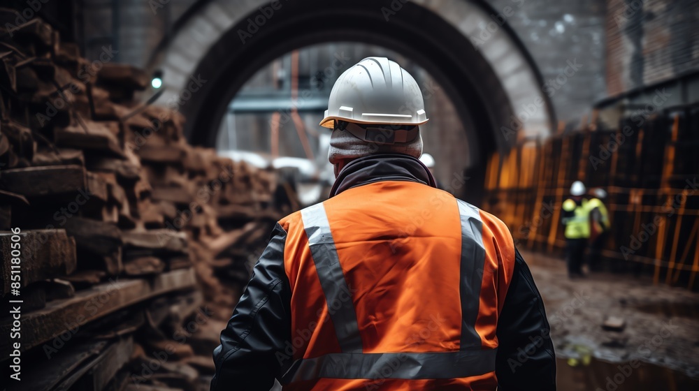 A safety engineer assessing risks at a railway tunnel construction site, emphasizing safety measures, detailed and realistic scene A safety engineer assessing risks at a railway tunnel construction site, emphasizing safety measures, detailed and realistic scene