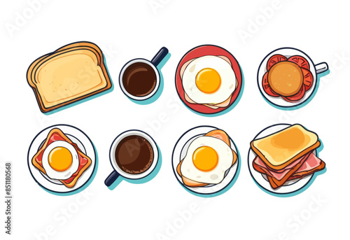 A Collection of Breakfast Foods Illustrated in a Stylized Manner, Featuring Toast, Eggs, Coffee, and Sandwiches
