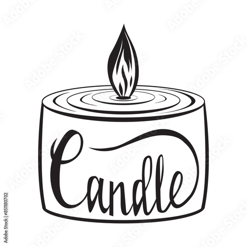 Handmade candle. candle lettering style. Line drawing of a simple round burning candle. Isolated vector calligraphic illustration. Lettering of the inscription Candle. Vector illustration