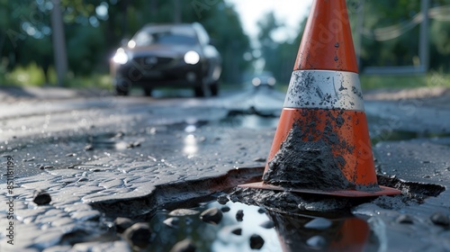 A traffic cone, squeezed and deformed, pothole in the road, car in background  photo