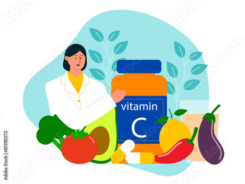 Doctor nutritionist explaining about food that contain vitamin C. Medicine vector illustration