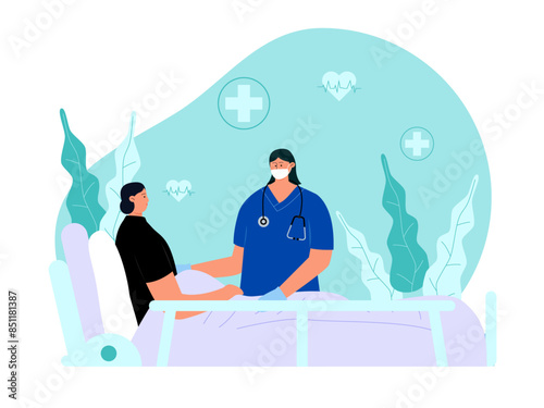 Female doctor visiting young patient at hospital. Medicine vector illustration