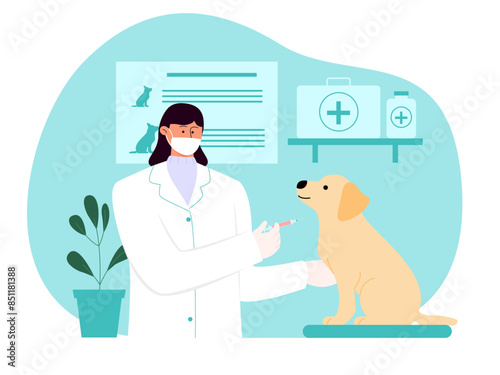 Female veterinary giving vaccine to dog. Medicine vector illustration