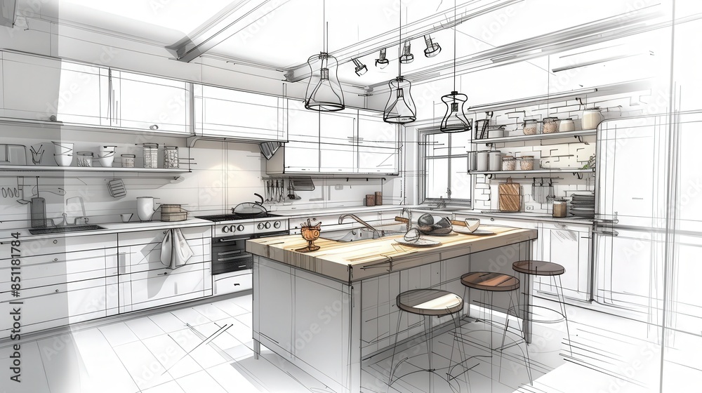 modern kitchen interior. combination of photo and sketch modern kitchen interior. combination of photo and sketch