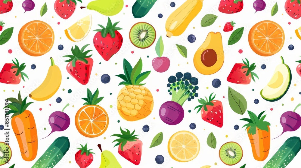Seamless pattern of flat fruit and vegetable icons, creating a fresh and healthy background. Seamless pattern of flat fruit and vegetable icons, creating a fresh and healthy background.