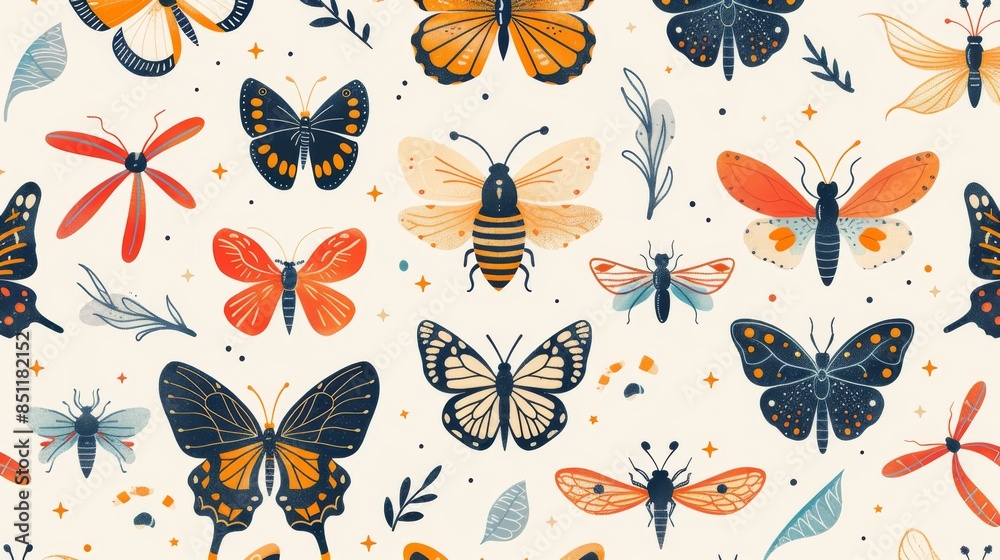 Flat illustration of insects like butterflies and bees in a seamless pattern for a nature-inspired design. Flat illustration of insects like butterflies and bees in a seamless pattern for a nature-inspired design.