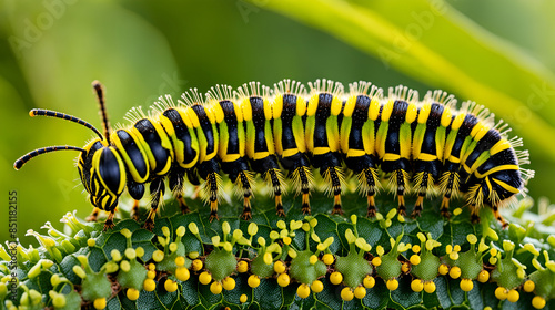A macro photo of various colored caterpillars, butterfly larvae crawling over plants

