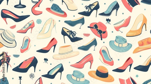 Seamless pattern of flat fashion accessories like shoes and hats, ideal for style and fashion themes.