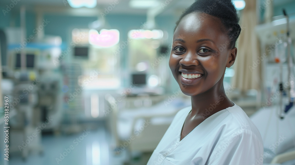 Young African female midwife standing in hospital room happily, midwife looks professional and full of enthusiasm, AI generated Images