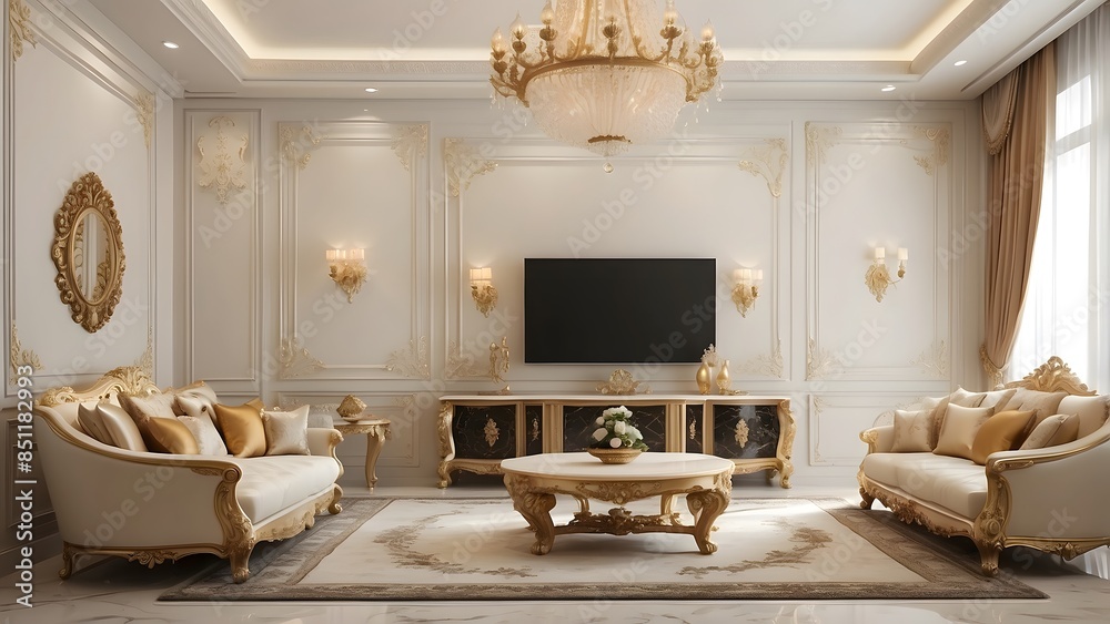 Royal luxury living room interior design with TV, ivory and white ...