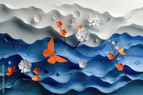 Exquisite craftsmanship: colorful butterfly and flower organic paper sculpture design, an illustration of dreamy romance, perfect for banner, capturing the beauty of nature in intricate detail.