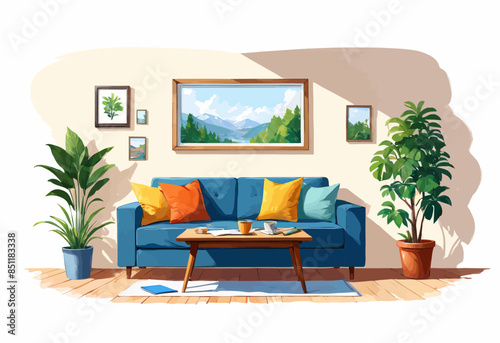 Vibrant Living Room Scene with Blue Sofa, Potted Plants, and Landscape Painting