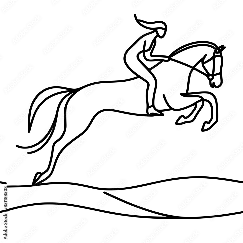 Obraz premium horse and rider jumping over an obstacle, simple black vector lines on a white background