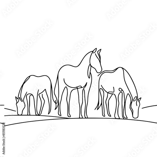 three free horses grazing on a meadow simple black vector lines on a white background