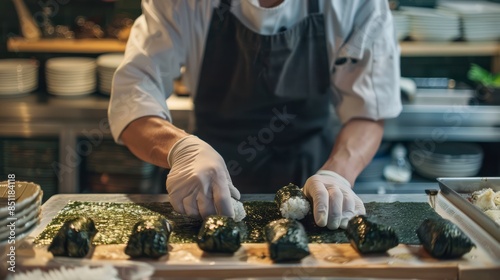A Japanese chef making traditional onigiri, rice balls wrapped in nori.  photo