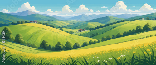 Vibrant Pastoral Landscape with Rolling Hills, Farmhouses, and Flowering Fields