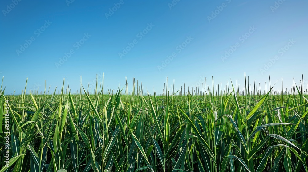 A sugarcane field stretches to the horizon, vibrant green stalks against a clear blue sky. A sugarcane field stretches to the horizon, vibrant green stalks against a clear blue sky.