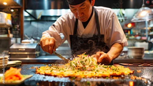 A Japanese chef preparing a dish of okonomiyaki, a savory pancake with various toppings.  photo