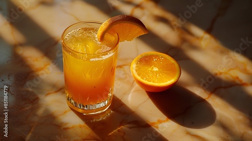 Fresh half slice of ripe orange fruit floation with splash drop on orange juice with copy space. 