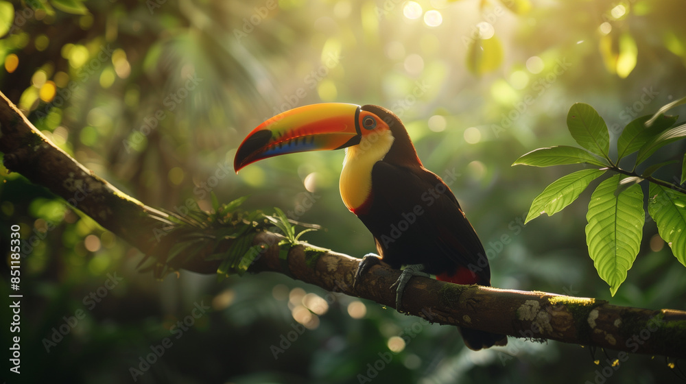 toucan bird sitting on a tree branch with sunlight shining through, highlighting its colorful feathers and striking beak, Ai generated Images toucan bird sitting on a tree branch with sunlight shining through, highlighting its colorful feathers and striking beak, Ai generated Images