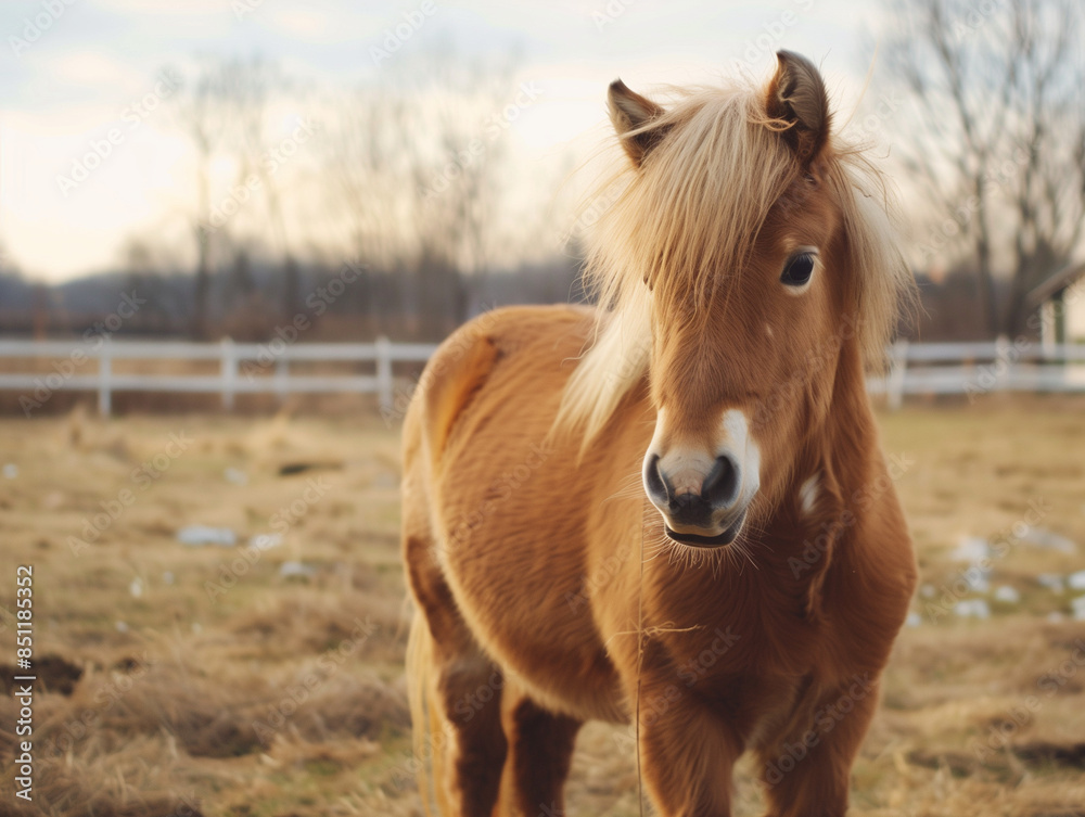 a beautiful pony standing gracefully in front of the farm, with cheerful eyes and shiny fur, Ai generated Images a beautiful pony standing gracefully in front of the farm, with cheerful eyes and shiny fur, Ai generated Images