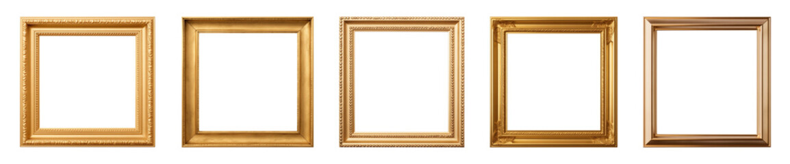 Collection of antique gold picture square frames isolated on a transparent background, PNG