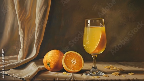 Fresh half slice of ripe orange fruit floation with splash drop on orange juice with copy space.  photo