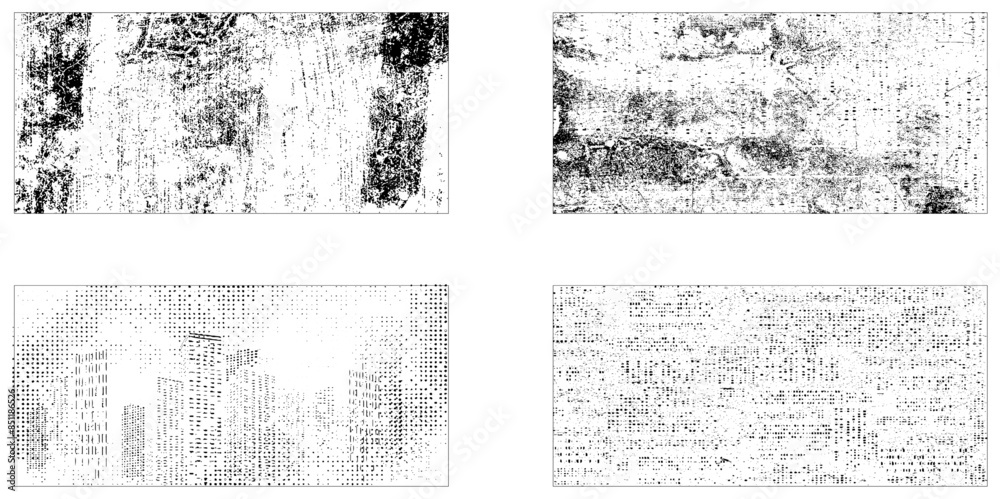 Vector set of grunge overlay textures. Grungy dirty distressed textures set. Collection of 4 grunge texture image. Vector illustration. Vector set of grunge overlay textures. Grungy dirty distressed textures set. Collection of 4 grunge texture image. Vector illustration.