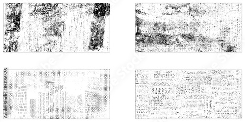 Vector set of grunge overlay textures. Grungy dirty distressed textures set. Collection of 4 grunge texture image. Vector illustration.