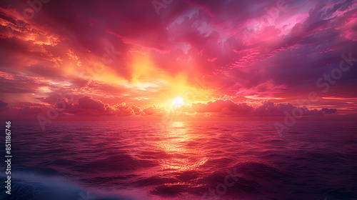 Stunning Ocean Sunset with Vibrant Colors and Dramatic Clouds Over Calm Waters © Pornphan